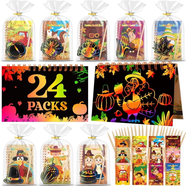 Recuerdos de fiesta de arte raspable de Acción de Gracias Skrajoi, paquete de 24 para niños