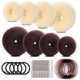 thumbnail image 1 of Set para hacer moños con forma de dona, incluye 20 redes invisibles para el cabello, 4 moños marrón oscuro y 4 beige, 5 bandas elásticas para el cabello y 20 horquillas., 1 of 7