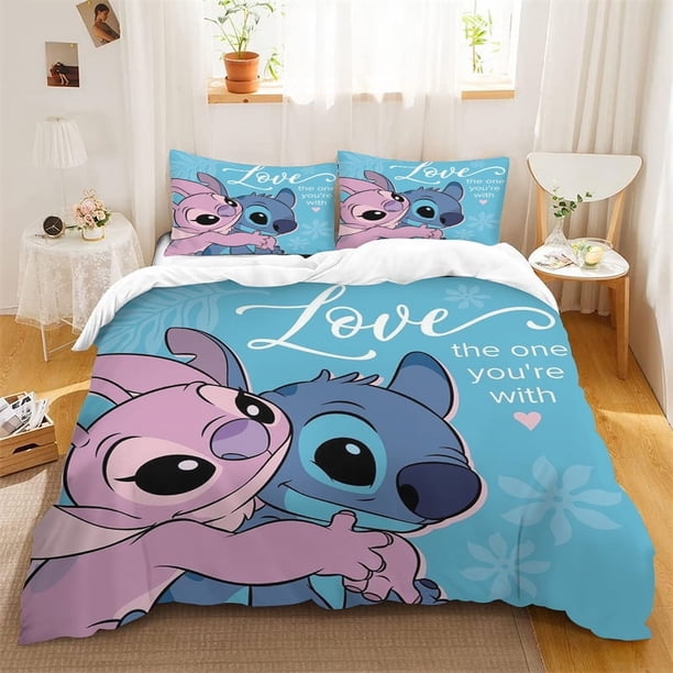 v1386 Bed Sheets Duvet Cover Stitch Lilo Heart To Heart Love for A Lifetime Soft and Comfortable Children's Room Decoration Single Double Bed 3-Piece Bedding Set (1 Duvet Cover + 2 Pillow Shams) Bed S