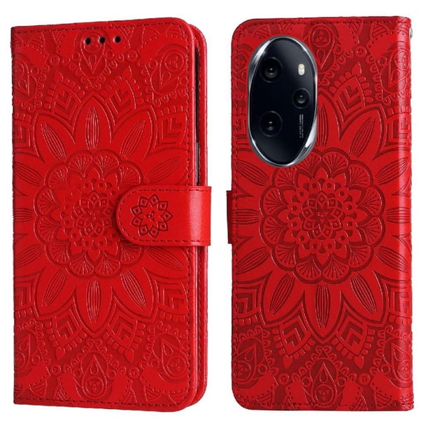 Funda tipo cartera FOXDOCK para Honor 100 Pro , diseño girasol en relieve, cuero PU, cierre magnético, soporte y tarjetero