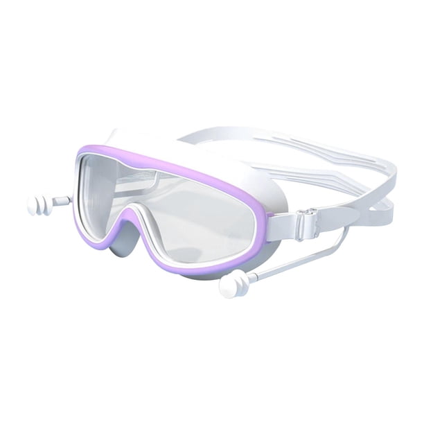 Gafas de natación para niños con tapones para los oídos, gafas de buceo, lentes antirrotura y protección contra fugas, visión amplia, gafas ajustables blanco púrpura