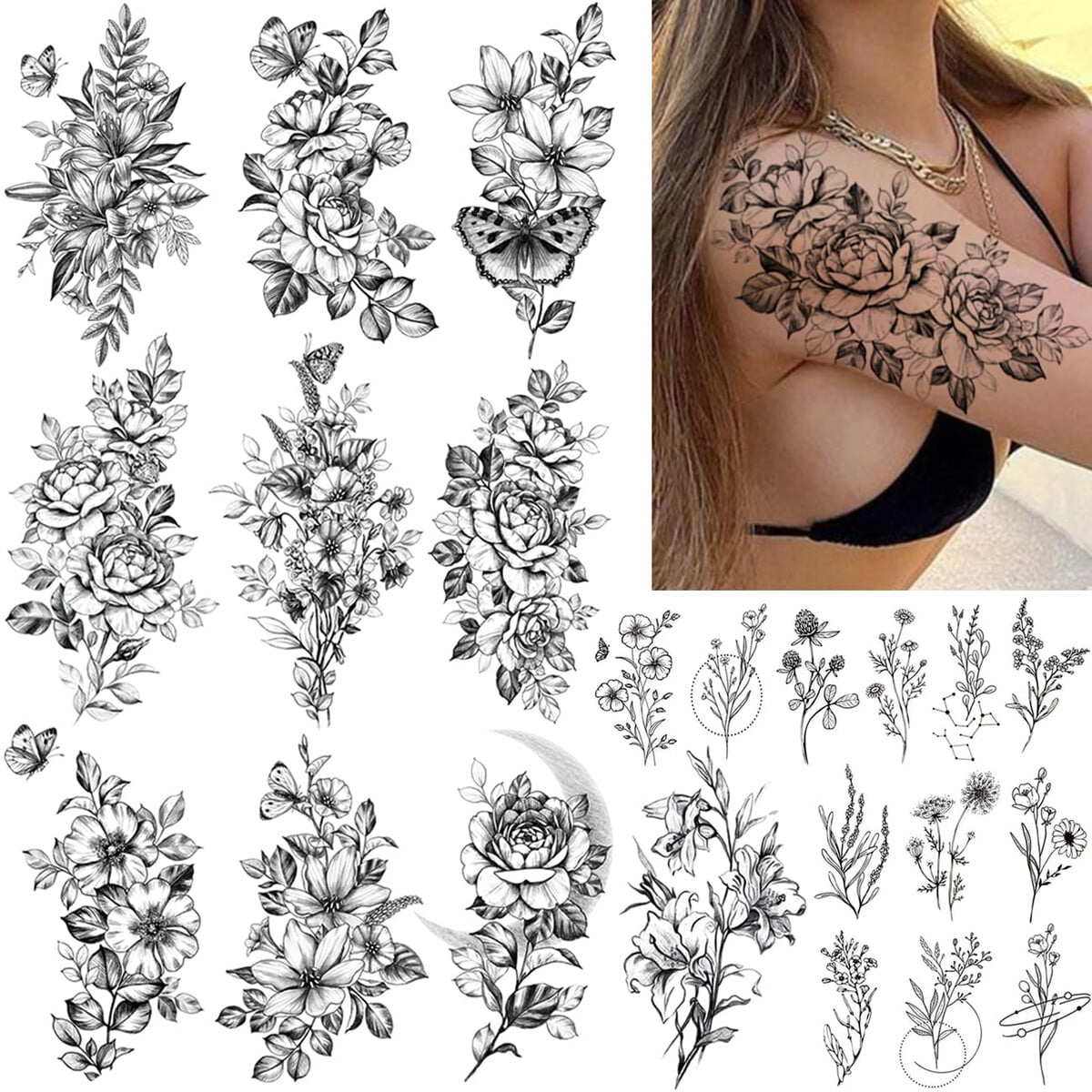 Genérico - Tatuajes Temporales Florales 23 Hojas Impermeables Mujer