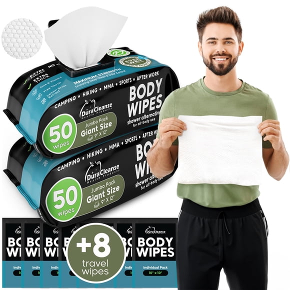 Toallitas corporales Duracleanse para hombre (paquete de 2), 100 toallas de ducha XL sin enjuague y 8 toallitas de baño de viaje