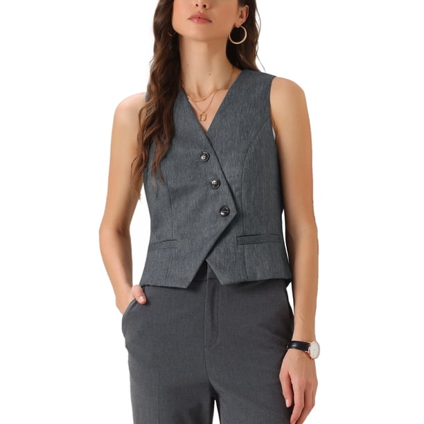 Chaleco Recortado sin Mangas con Botones y Escote en V para Oficina de Mujer INSPIRE CHIC L Gris