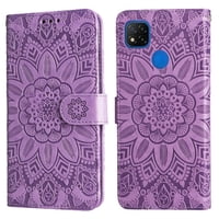 Funda Tipo Cartera Foxdock Para Xiaomi Redmi 9C , Diseño Girasol En Relieve, Cuero Pu, Cierre Magnético, Soporte Y Tarjetero