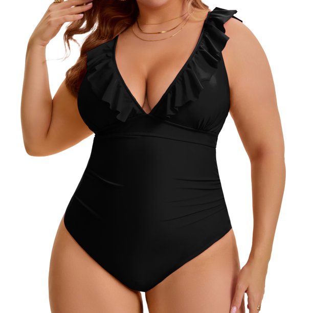 Agnes Orinda Traje de Baño de Una Pieza para Mujer Tallas Grandes Control de Abdomen Push Up Volantes Cuello en V Encaje Traje de Baño para Fiesta en la Playa o Piscina Conjunto L Negro