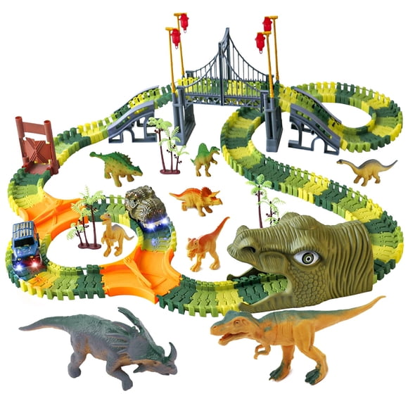 Set Track Playset IQkidz Dinosaur World con 1 coche de dinosaurio, 216 piezas