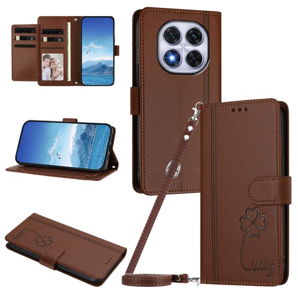 Funda Cartera Trébol para Xiaomi Poco X7 5G con Ranuras Tarjetas y Carga Inalámbrica Marrón