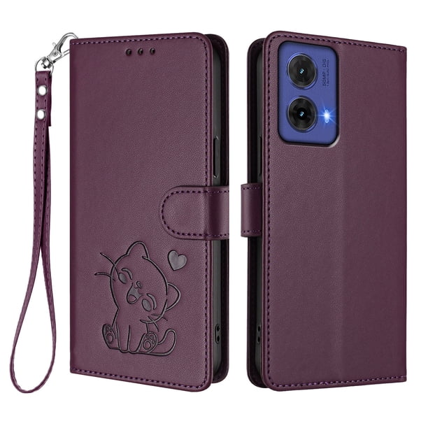 Funda Billetera con Relieve de Gato para Motorola MOTO G85 5G, Morado Oscuro