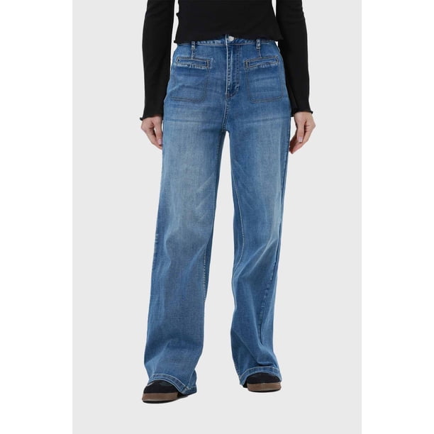 Jeans Mujer Bolsillos Calce Recto Azul