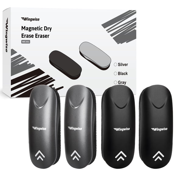 Borrador magnético Wingwise para pizarrón blanco, para pizarras de vidrio, agarre cómodo, imán fuerte, paquete de 4, 2 negros + 2 grises