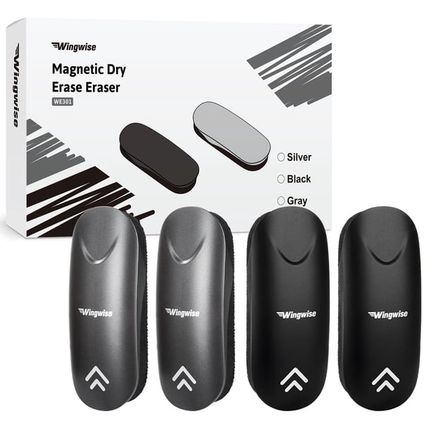 Borrador magnético Wingwise para pizarrón blanco, para pizarras de vidrio, agarre cómodo, imán fuerte, paquete de 4, 2 negros + 2 grises