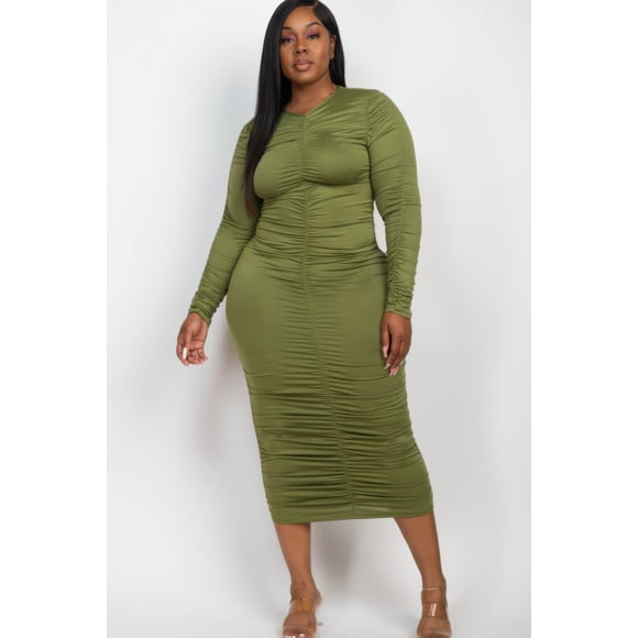 Vestido Midi De Manga Larga Fruncido De Talla Grande