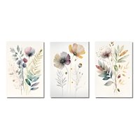 Genérico - Pack 3 Cuadros Florales En Lienzo Blanco