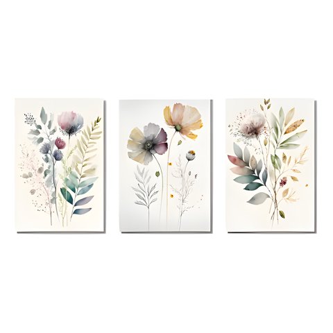 Genérico - Pack 3 Cuadros Florales En Lienzo Blanco