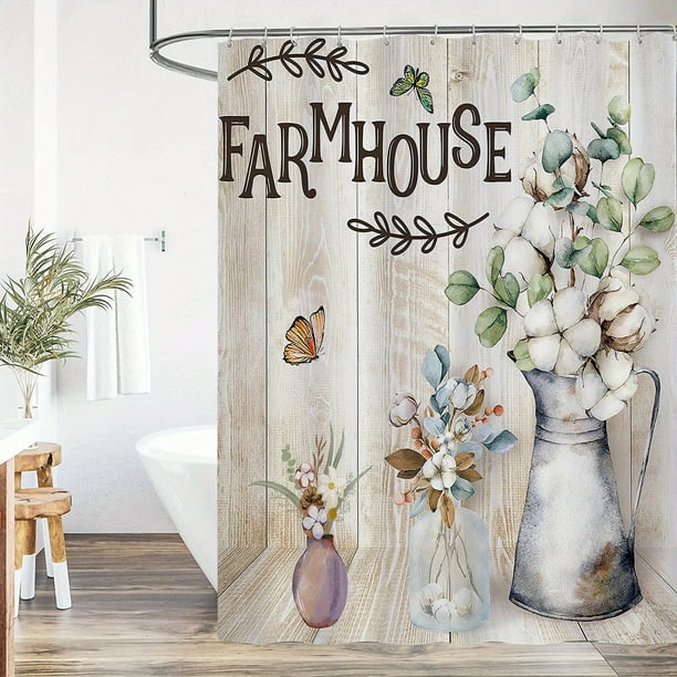 1pc Country Retro Flower Shower Curtain - Farmhouse Bathroom Decor with Waterproof Polyester Fabric and Hooks - 70.87inch x 70.87inch