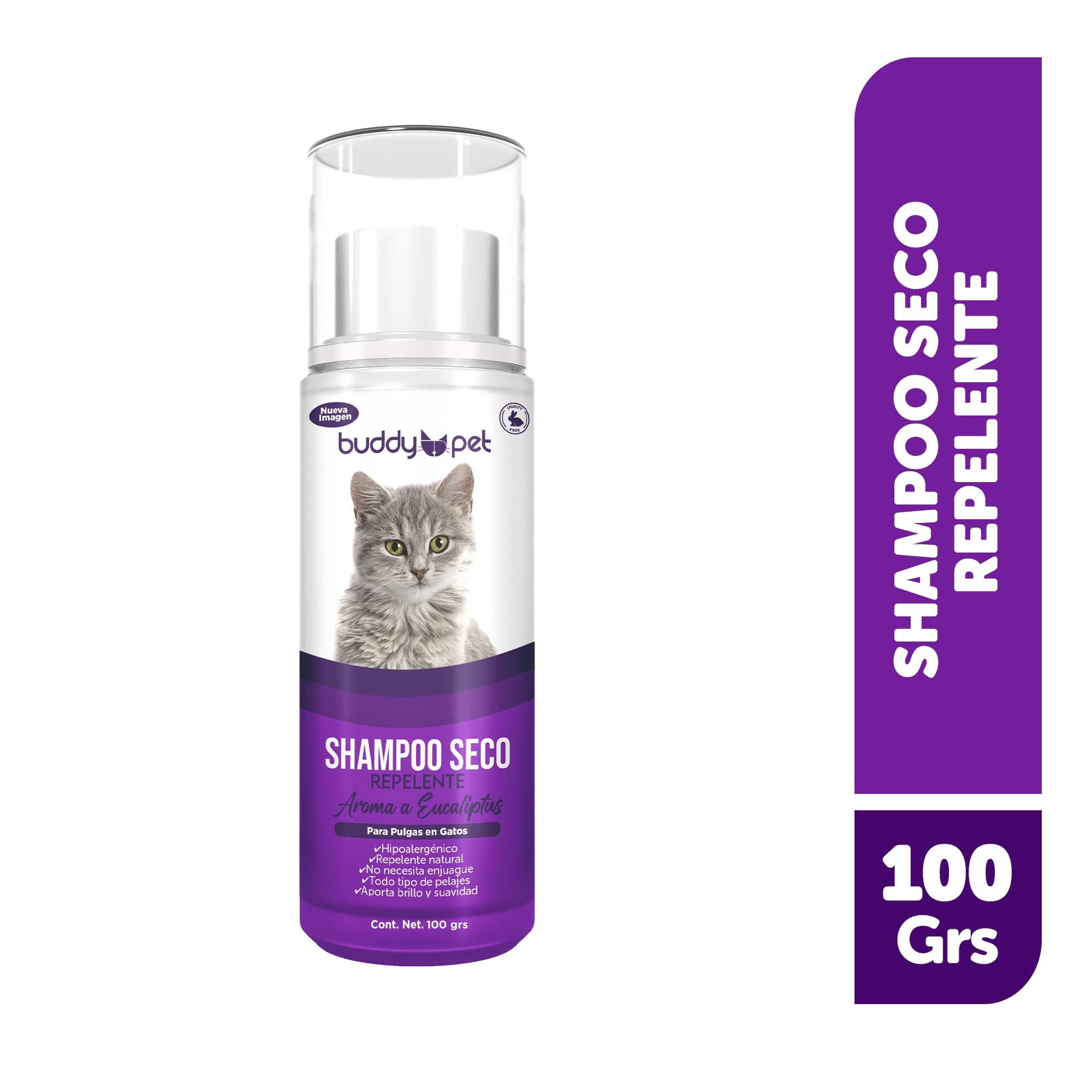 Shampoo Para Gato Seco Repelente Pulgas Aroma Eucaliptus Lata 100 g Buddy Pet