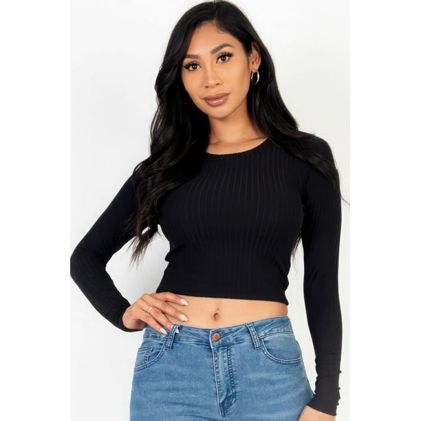 Saronite Top Corto Básico de Punto Acanalado con Cuello Redondo y Manga Larga, Negro (para Mujer)