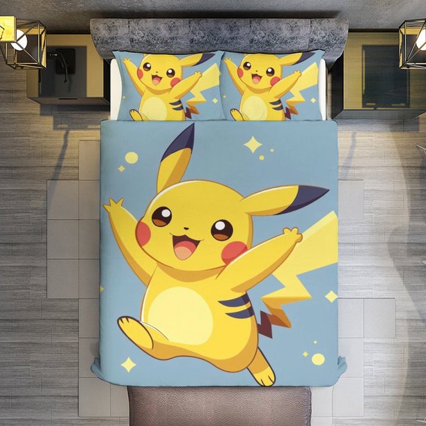 Dancing Pikachu 3 Piece Sets Full/Queen Size - Reversible Microfiber Quilts with Shams Soft Lightweight Bedspread Coverlet Comforter for All Season Bed Sheets