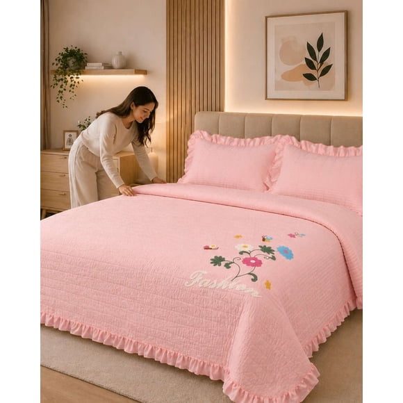Quilt Cubrecama Verano Estampado Floral con Bobos 2 Plazas
