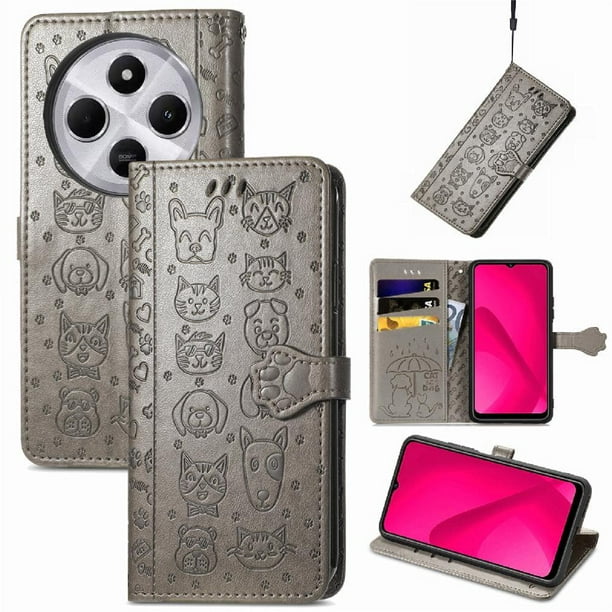 Funda Cartera FOXDOCK para Xiaomi Redmi 14C , Flip PU con Relieve de Gatos y Perros, Tarjetero y Soporte