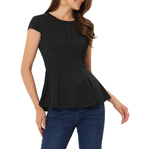 INSPIRE CHIC Blusas de Mujer para Regreso a Clases con Peplum, Manga Corta, Cuello Redondo, Color Sólido, XS Negro