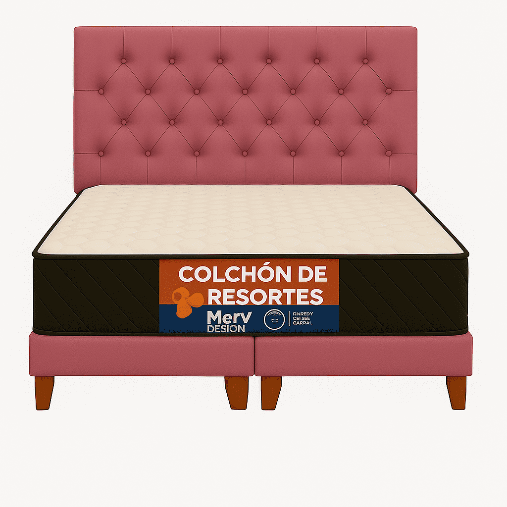 Ethan Desing - Cama 2 Plaza Capitoné + Respaldo 2p Capitone Palo Rosa + Colchón 2p Mery Desing