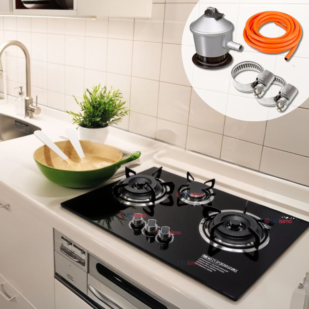 Line - Cocina Encimera A Gas Licuado 3 Platos Vidrio Templado + Kit Instalación