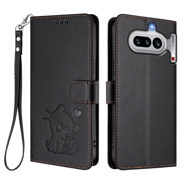 Funda Billetera con Relieve de Gato para Nothing Phone 4A, Negro