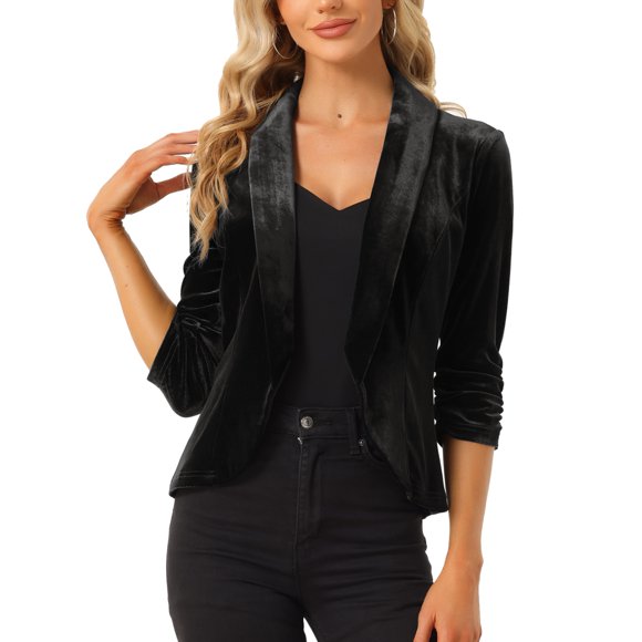 INSPIRE CHIC Chaquetas de Terciopelo para el Día de San Valentín para Mujeres con Manga 3/4 y Frente Abierto Cárdigan de Terciopelo S Negro
