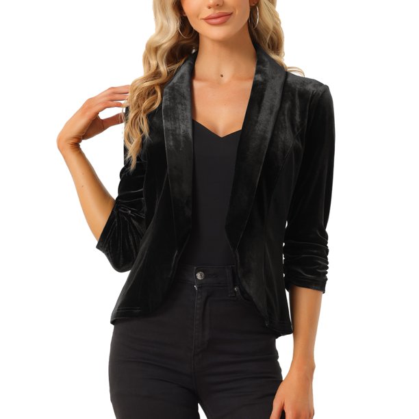 INSPIRE CHIC Chaquetas de Terciopelo para el Día de San Valentín para Mujeres con Manga 3/4 y Frente Abierto Cárdigan de Terciopelo S Negro