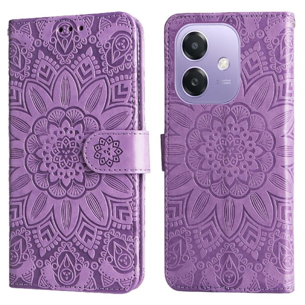 Funda tipo cartera FOXDOCK para OPPO A5x 4G/5G , diseño girasol en relieve, cuero PU, cierre magnético, soporte y tarjetero