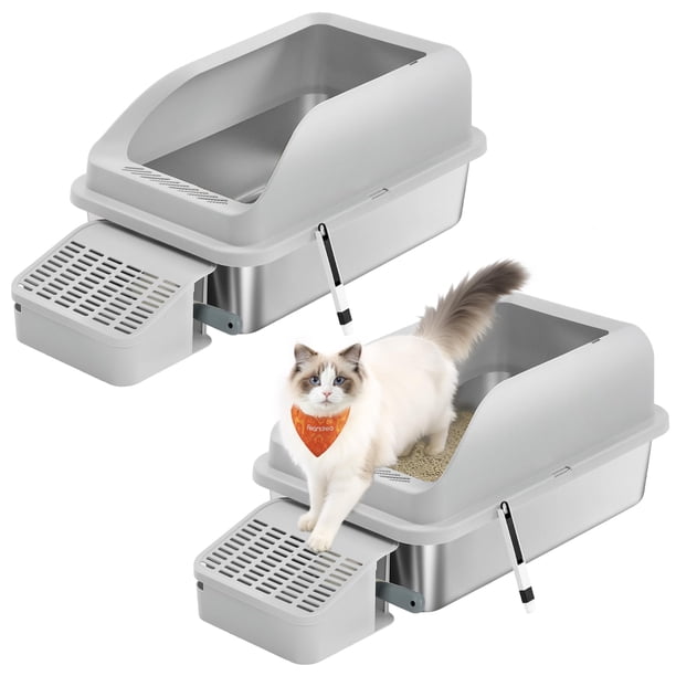 Caja de arena para gatos Feandrea de acero inoxidable con parte superior abierta y lados altos