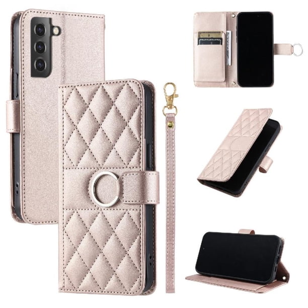 Funda Acolchada con Anilla y Correa para Samsung Galaxy S21 FE Slots para Tarjetas Oro rosa