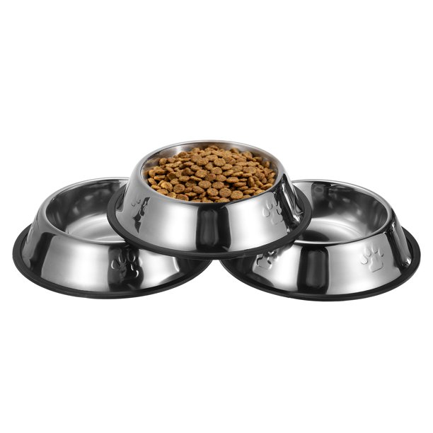 Uxcell Cuenco de Acero Inoxidable para Perros, Cuenco para Comida y Agua con Base de Silicona Antideslizante, Plato de Alimentación para Mascotas (20.3oz, Silver Paw, 3 Piezas)