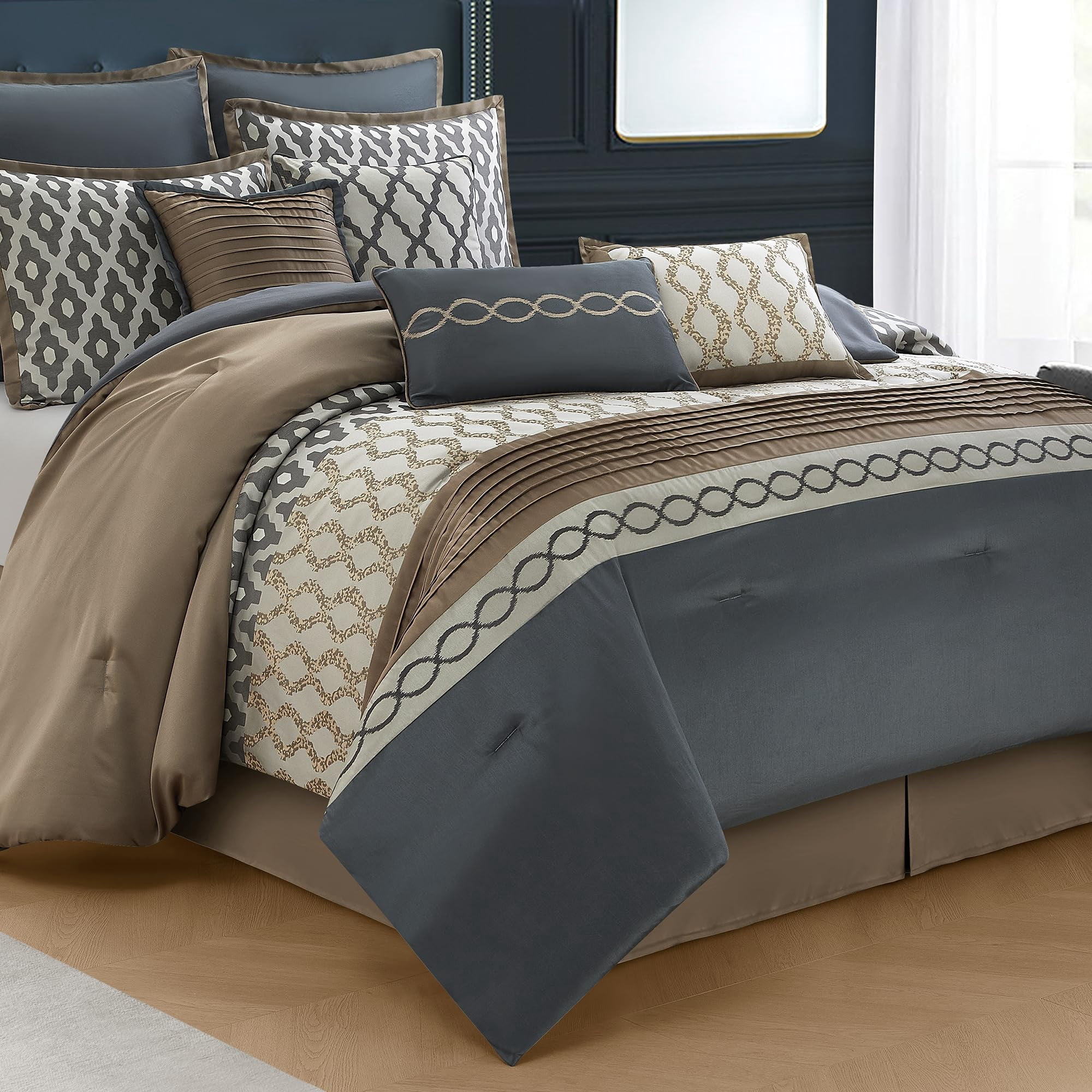 Juego De Edredón Lanco Modern Lifestyle King, Gris Y Marrón, 10 Piezas