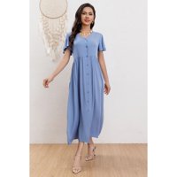 Likeshop - Vestido Largo Mujer Manga Corta Primavera Botones Cuello V 3340