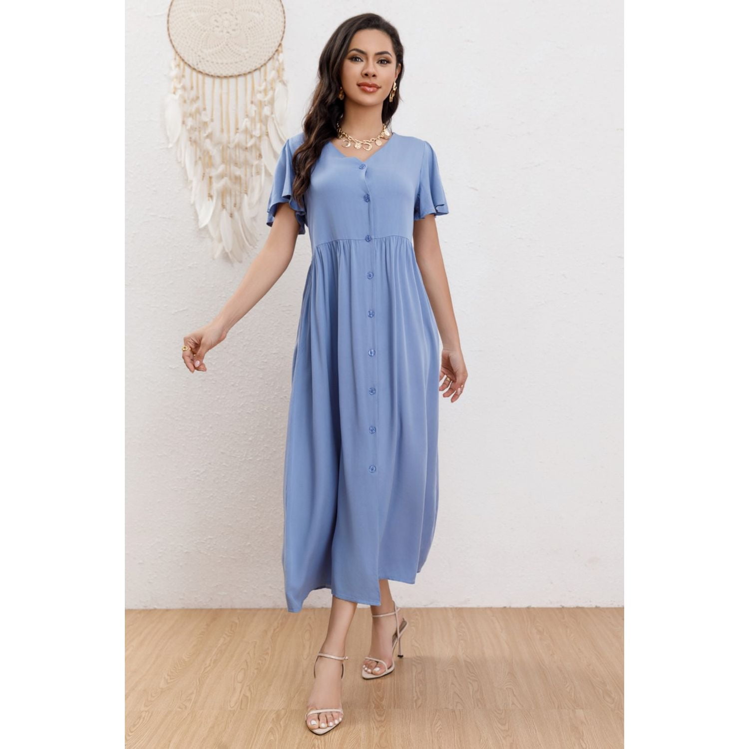 Likeshop - Vestido Largo Mujer Manga Corta Primavera Botones Cuello V 3340