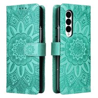 Funda Tipo Cartera Foxdock Para Samsung Galaxy Z Fold 3 , Diseño Girasol En Relieve, Cuero Pu, Cierre Magnético, Soporte Y Tarjetero