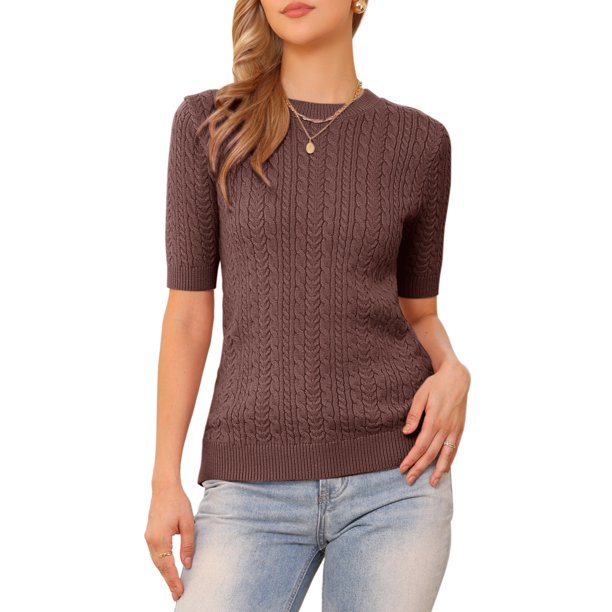 INSPIRE CHIC Suéter de Manga Corta para Mujer Cuello Redondo Otoño Invierno Tejido Casual Suéteres Top M Marrón
