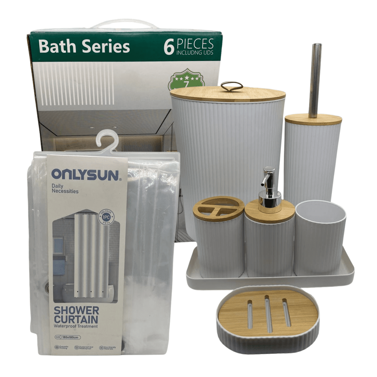 Genérico - Juego Accesorios Set De Baño 6 Piezas Bambú Cepillo Wc Blanco + Cortina De Obsequio