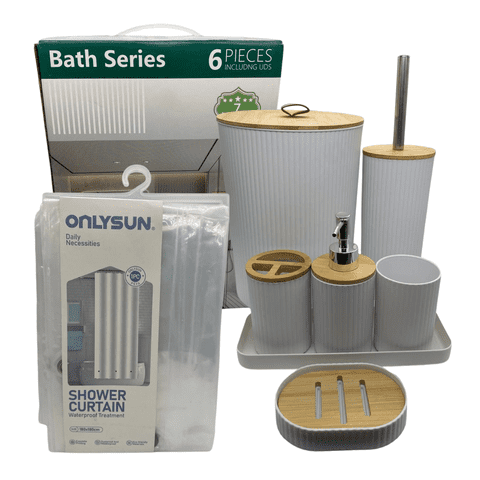 Genérico - Juego Accesorios Set De Baño 6 Piezas Bambú Cepillo Wc Blanco + Cortina De Obsequio