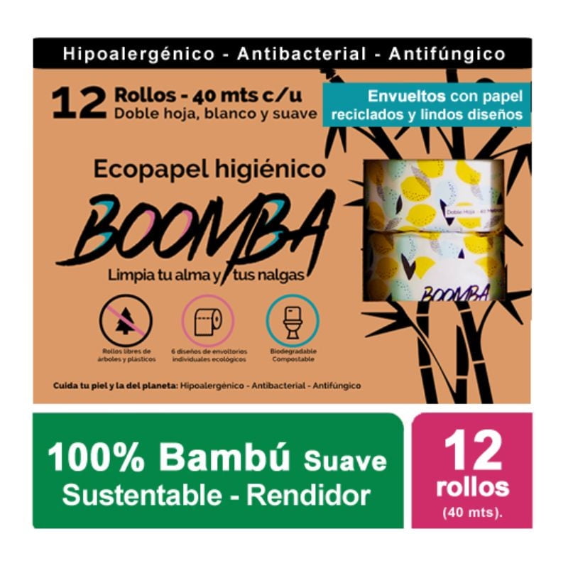 Papel Higiénico Eco Bambú Doble Hoja 40 M 12 Un Boomba
