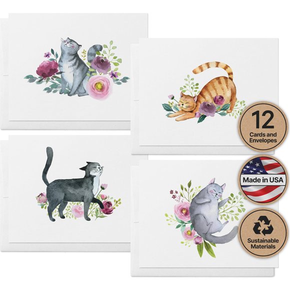 Juego de 12 tarjetas en blanco con diseños de gatos – Twigs Paper – tamaño A2