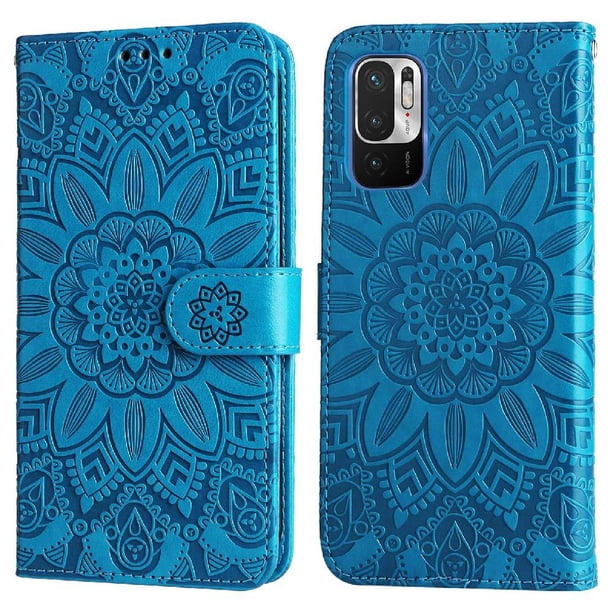 Funda tipo cartera FOXDOCK para Xiaomi Poco M3 Pro 5G , diseño girasol en relieve, cuero PU, cierre magnético, soporte y tarjetero