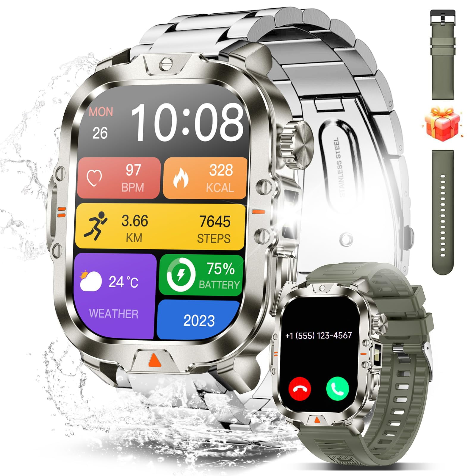 Bruboses - Reloj Inteligente Military De 2 01 Pulgadas Con Pantalla 170+ Sports Ip68