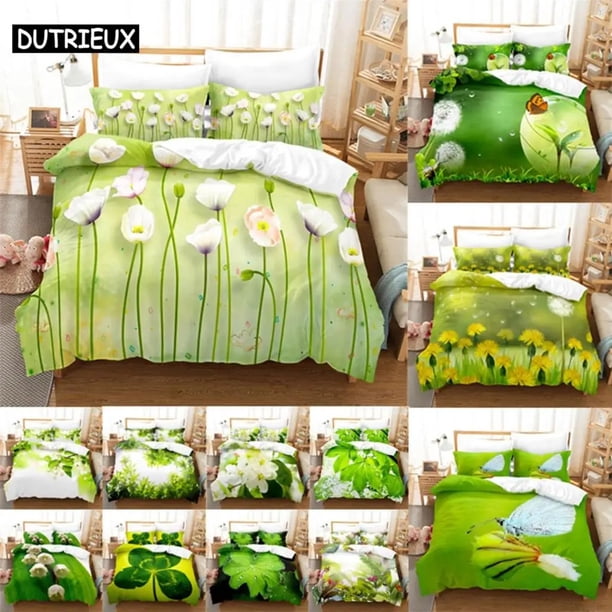 Green Duvet Cover Set Double Bed Quilt Cover Floral Leaves Bedding Sets X pcs Thin