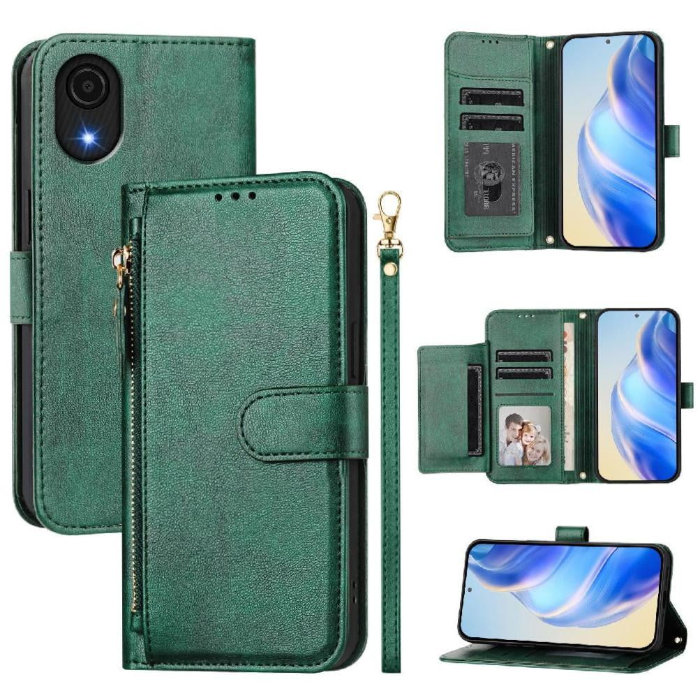 Foxdock - Funda Tipo Cartera Para Samsung Galaxy A04 Core Con Bolsillo Con Cremallera, Tarjetero, Soporte, Correa Para La Muñeca Y Tapa De Cuero Verde