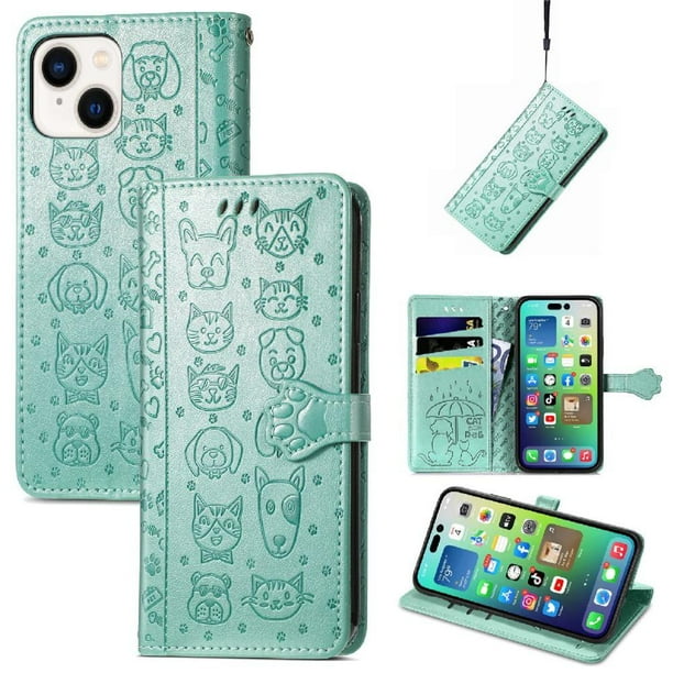 Funda Cartera FOXDOCK para iPhone 14 Plus , Flip PU con Relieve de Gatos y Perros, Tarjetero y Soporte