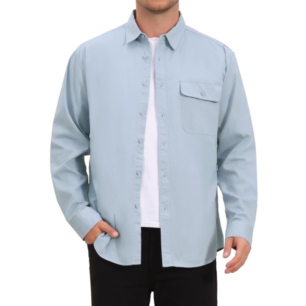 INSPIRE CHIC Camisas de Hombre Manga Larga Bolsillo en el Pecho Color Sólido Camisa Casual Chaqueta XL Azul Claro
